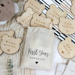 Bear Shaped Baby Milestone Discs, Newborn Photo Props, Baby Shower Gift, Monthly Age Milestone Disc, Wooden 12 Month Set, New Parent Gift