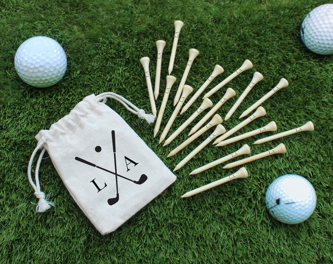 Personalised Golf Tee’s in Drawstring Bag, Golf Tee Bag, Initials, Monogrammed Gift for Golfer, 20 x Wooden Golf Tees, Fathers Day Golf Gift