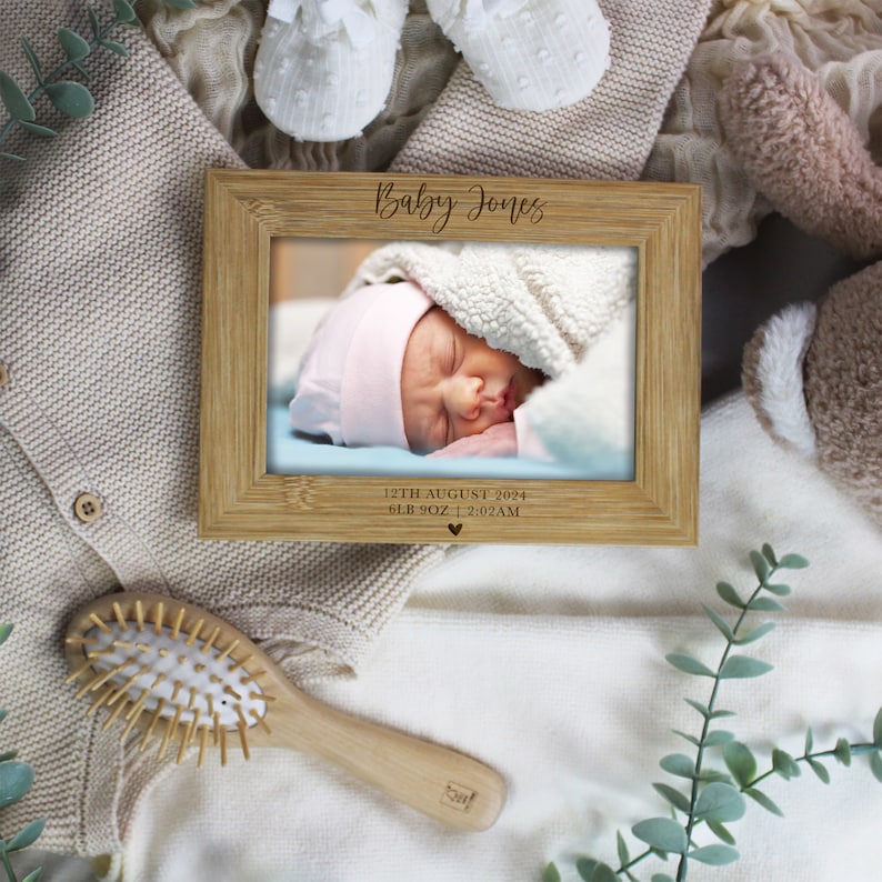Personalised Baby Photo Frame, Newborn New Baby Picture Frame, Custom Engraved Birth Info, Baby Arrival Keepsake Gift, Wooden 4x6 Photograph