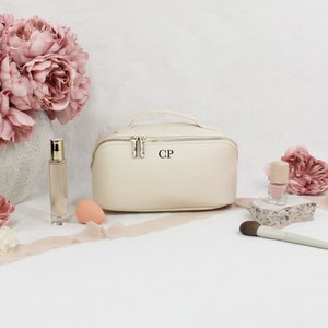 Luxury Personalised Make Up Bag, PU Leather Flat Lay Bag, Small/Large Accessory Case with Initials, Bridesmaid Gift, Cosmetic Travel Case Large Oyster Only