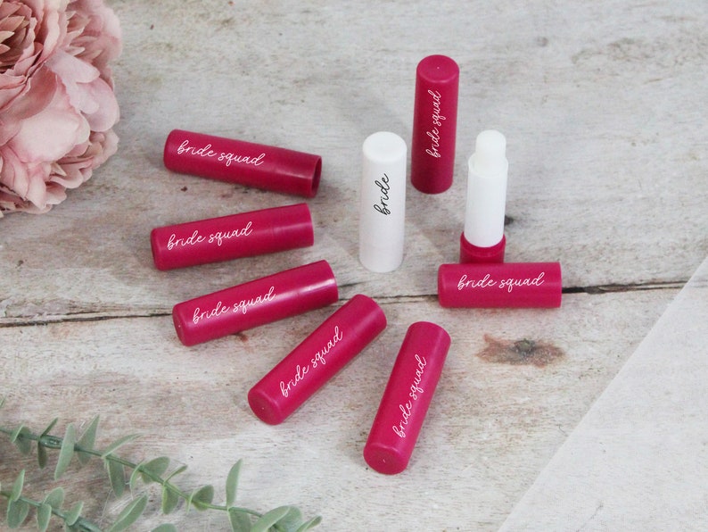 Pink Bride Squad Lip Balms, White Bride Lip Balm, Pink Hen Party Theme, Vanilla Scented, Goody Bag Favours for Hen Do, Hen Party Bag Filler