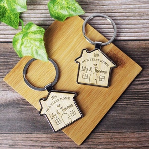 Our First Home Couples Keyring, Personalised House Warming Key Chain, Set of 2