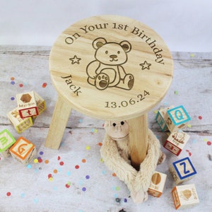 First Birthday Gift, Child’s Wooden Stool, On Your 1st Birthday Chair Personalised with Name & Date, One Year Old Baby Girl / Boy Gif