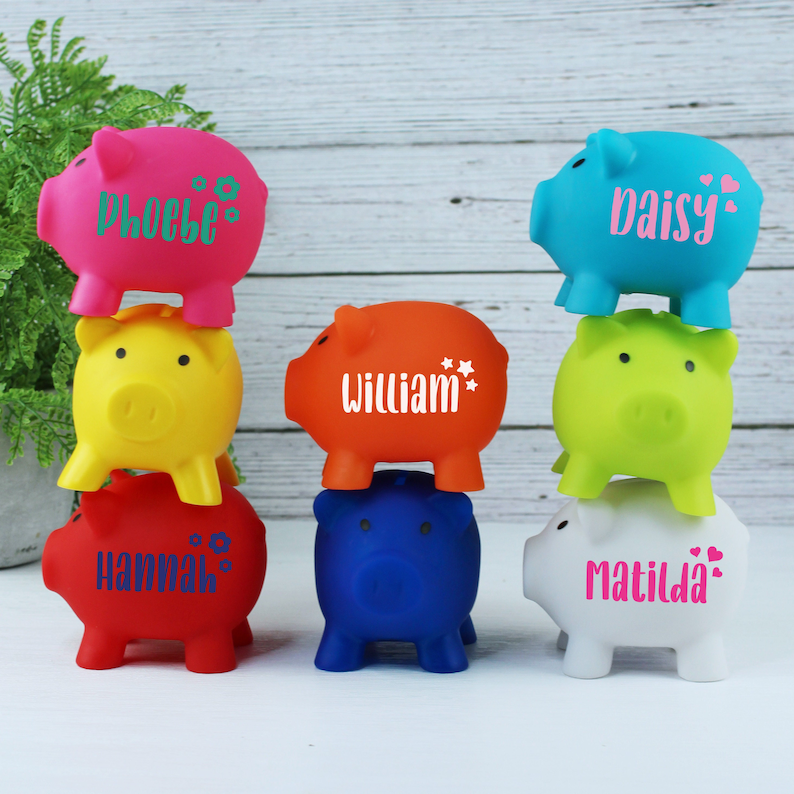 Children's Personalised Piggy Bank, Colourful Kids Money Box, Custom Vinyl, Stars, Hearts, Flowers, Any Name Customised, Nursery Decor image 1