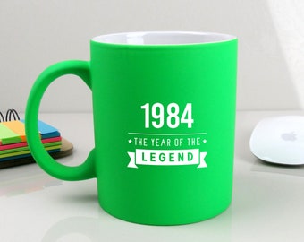 Neon Green Coffee Mug Cup, Engraved "1984 Year of The Legend", 40th Birthday Gifts for Men Him, 310ml Ceramic Tea Cup, Fortieth Gift for Dad