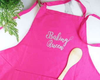 Pink Baking Queen Apron, Gold Silver Vinyl Baking Gift, Adults Baking Apron with Pocket & Neck Strap, Gift for Her, Bake Off