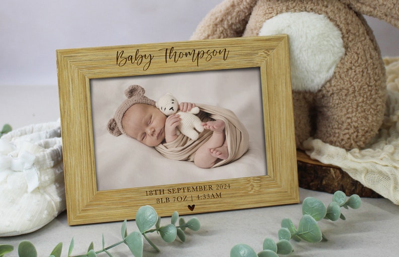 Personalised Baby Photo Frame, Newborn New Baby Picture Frame, Custom Engraved Birth Info, Baby Arrival Keepsake Gift, Wooden 4x6 Photograph