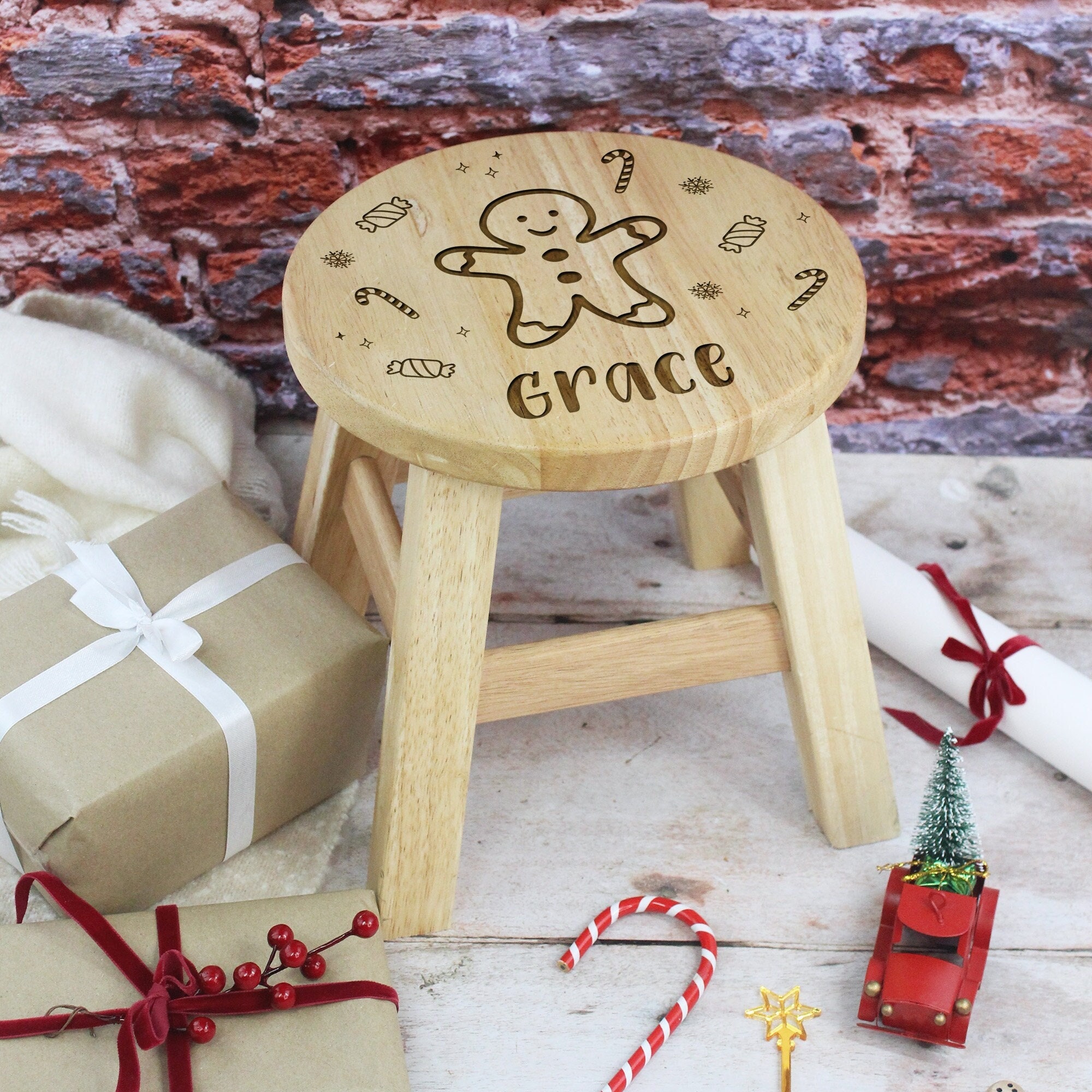 Personalised Child's Wooden Christmas Stool With Any Name, Xmas
