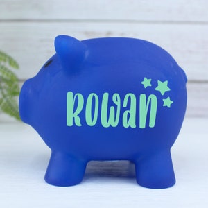 Children's Personalised Piggy Bank, Colourful Kids Money Box, Custom Vinyl, Stars, Hearts, Flowers, Any Name Customised, Nursery Decor Blue