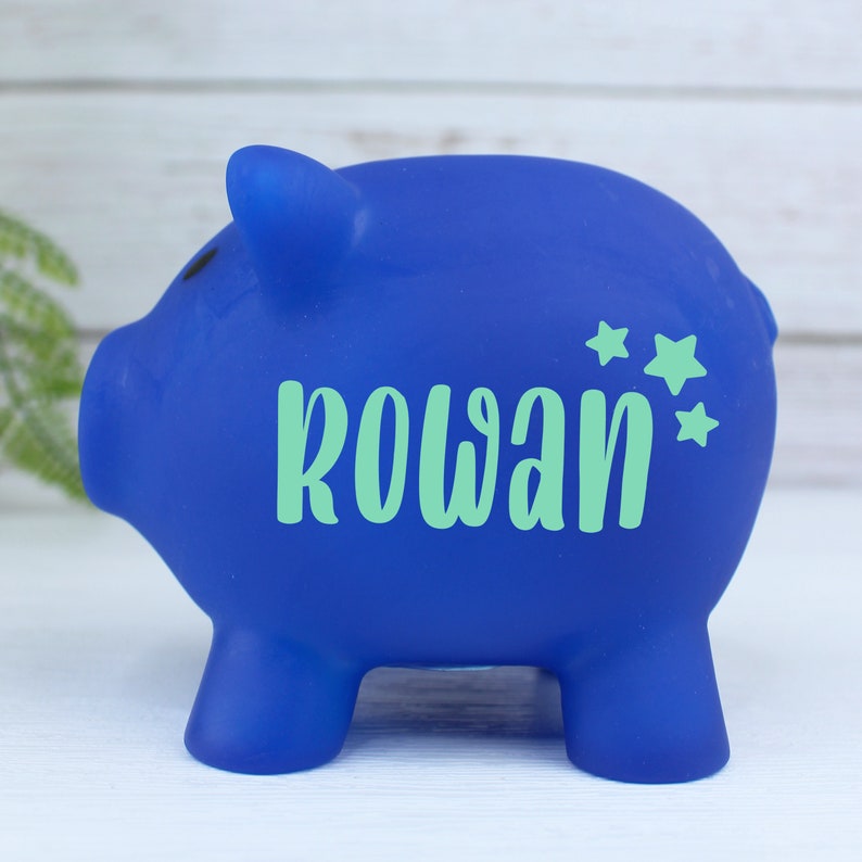 Children's Personalised Piggy Bank, Colourful Kids Money Box, Custom Vinyl, Stars, Hearts, Flowers, Any Name Customised, Nursery Decor Blue