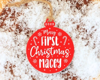 Adorno navideño personalizado para la primera Navidad, adorno navideño rojo para el primer nacimiento del bebé.