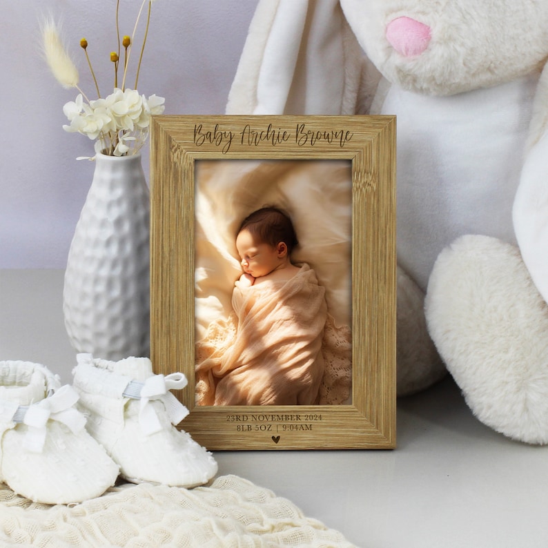 Personalised Baby Photo Frame, Newborn New Baby Picture Frame, Custom Engraved Birth Info, Baby Arrival Keepsake Gift, Wooden 4x6 Photograph