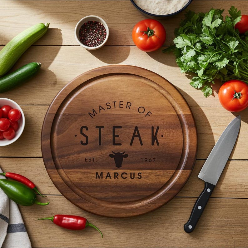 Personalised Master of Steak Cutting Board, Engraved Acacia Wood BBQ Board, Gift for Dad, Grill Master Gift, Custom Chopping Board for Him Acacia Wood 25x25cm