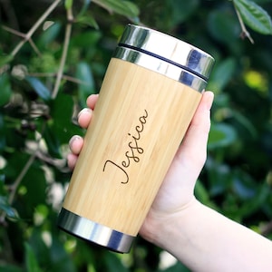 Personalised Eco Bamboo Travel Cup, 500ml Insulated Drinks Mug, Laser Engraved Travel Coffee, Tea Cup, Teacher Gift, New Job Present