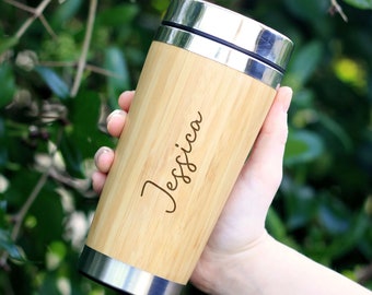 Personalised Eco Bamboo Travel Cup, 500ml Insulated Drinks Mug, Engraved Travel Coffee, Tea Cup, Travel Mug for Car, New Job Gift Present