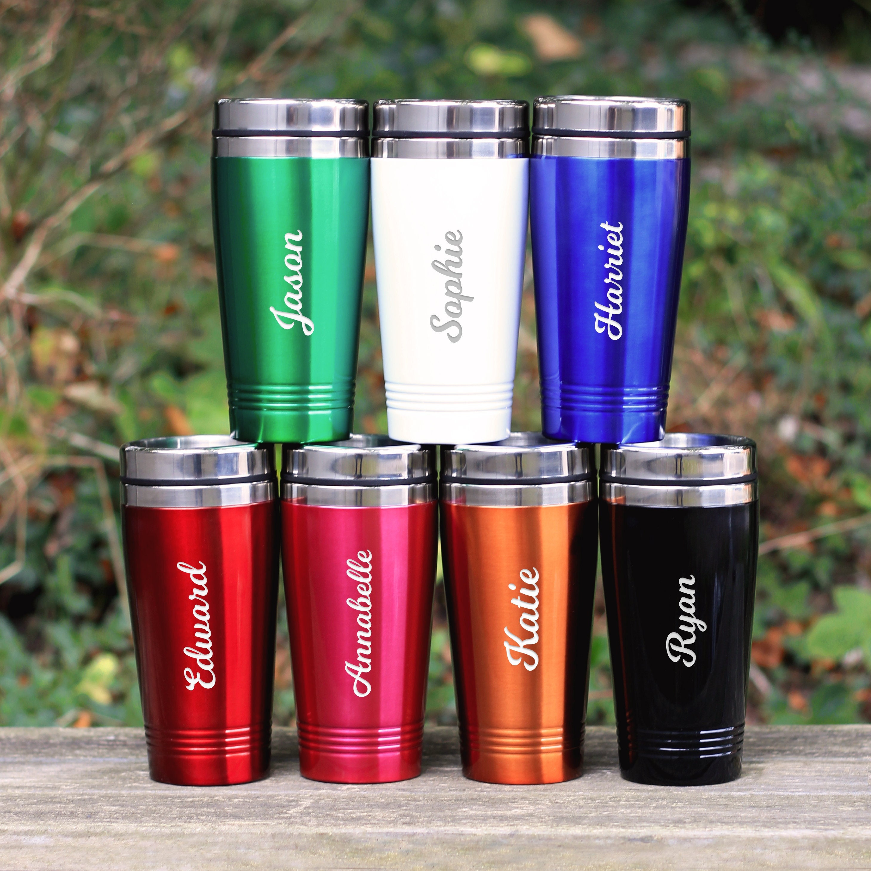 Personalised Stainless Steel Travel Coffee Cup, Insulated Metal Tumbler,  Work Car Mug on the Go, Double Walled With Sliding Drinking Spout 