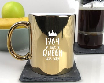 Engraved Shiny Metallic Gold Coffee Mug Cup "1964 This Queen Was Born" Design, Grandma 60th Birthday Gifts for Women, Her, Sixtieth Mum