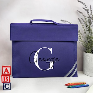 Personalised School Book Bag with Name & Initial, Kids Back to School Bag, Unisex Nursery, Primary School Bookbag, Children's Name Music Bag