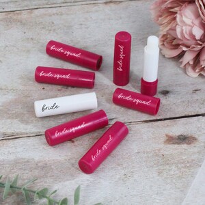 Pink Bride Squad Lip Balms, White Bride Lip Balm, Pink Hen Party Theme, Vanilla Scented, Goody Bag Favours for Hen Do, Hen Party Bag Filler