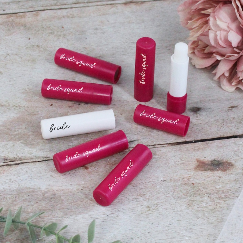 Pink Bride Squad Lip Balms, White Bride Lip Balm, Pink Hen Party Theme, Vanilla Scented, Goody Bag Favours for Hen Do, Hen Party Bag Filler