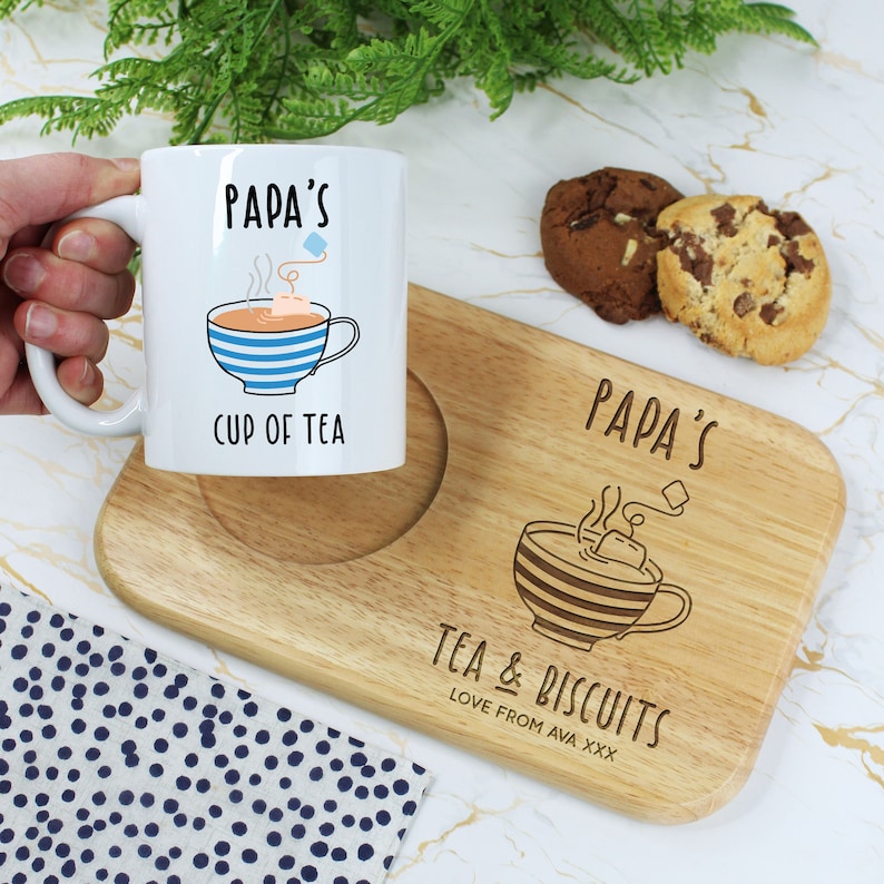 Personalised Grandad's Tea & Biscuits Board with Coffee Mug Option, Wood Treat Board, Father's Day, Birthday Gifts for Grandpa, Dad