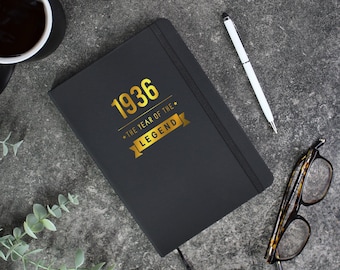 Personalised Black A5 Notebook 1936 Year of The Legend, Milestone Gift for 90th Birthday, Gifts for Men, Him, Grandad, Dad, A5 Notepad
