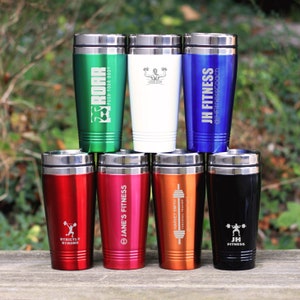 Your Business Logo Personalised on Metal Coloured Travel Cup, Engraved Insulated Mug, Instagram Handle, Personal Trainer, Client Gift
