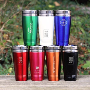 Your Business Logo Personalised on Metal Coloured Travel Cup, Promotional Company Name Engraved Insulated Mug, Corporate Customer Staff Gift