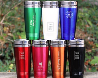 Your Business Logo Personalised on Metal Coloured Travel Cup, Promotional Company Name Engraved Insulated Mug, Corporate Customer Staff Gift