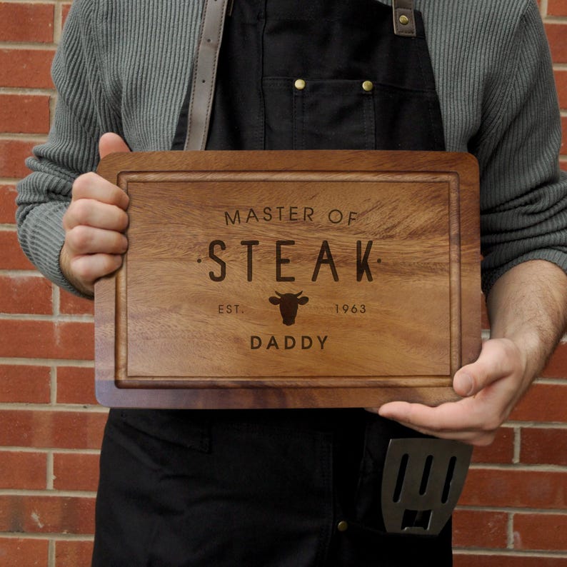 Personalised Master of Steak Cutting Board, Engraved Acacia Wood BBQ Board, Gift for Dad, Grill Master Gift, Custom Chopping Board for Him