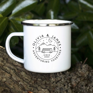 Personalised Twilight Mountain Campervan Scene Tin Enamel Mug,  Adventuring Together Since Date Year Camping Cup 10th Anniversary Gift