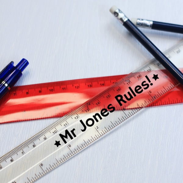 Personalised Ruler, Teacher 30cm Flexible Bendy Ruler, Novelty Stationary, Custom Vinyl, Stars, Hearts, Flowers, Any Name / Text Customised