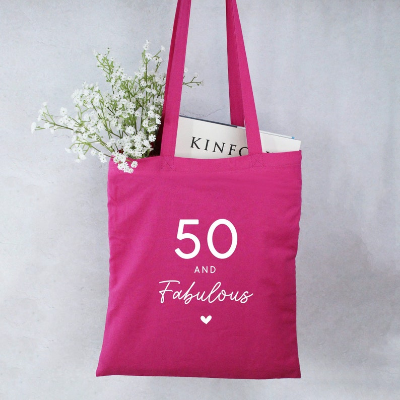 Pink Tote Bag, 50 & Fabulous Milestone Birthday Cotton Shoulder Bag, 50th Birthday Gift for Her, Sister, Mum, Friend, Auntie, Grandma