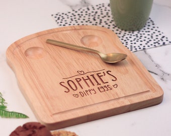 Toast Shaped Personalised Dippy Eggs Board with Custom Name and Love Hearts, Making Breakfast Time Fun For Kids, Egg & Soldiers, Easter Gift