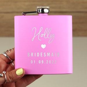 Personalised Pink Metal Wedding Hip Flask, Wedding Role Gift for Bride, Bridesmaids, Maid of Honour, Mother of the Bride, Hen Party 6oz