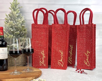 Personalised Champagne Bottle Bag with Name, Christmas Gift Bags, Luxury Shimmer Jute Bottle Bags | Red Wine Bottle Bag | Jute Wine Gift Bag