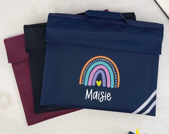 Personalised Rainbow School Book Bag | Custom Kids Back to School Bag with Name | Girls Primary Nursery Reading Homework Bag |  Music Folder