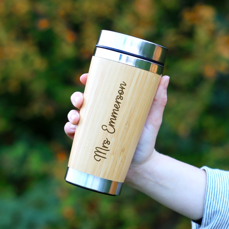 Personalised Teacher Travel Mug, Hot Cold Eco Bamboo 500ml Insulated Coffee Cup Mug, Christmas Gift, Thank You Teacher Appreciation Gifts