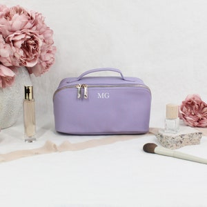 Luxury Personalised Make Up Bag, PU Leather Flat Lay Bag, Small/Large Accessory Case with Initials, Bridesmaid Gift, Cosmetic Travel Case Large Purple Only