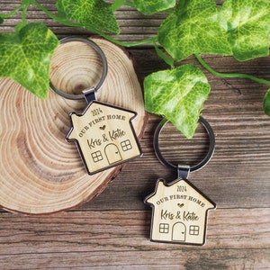 Our First Home Couples Keyring, Personalised House Warming Key Chain, Set of 2