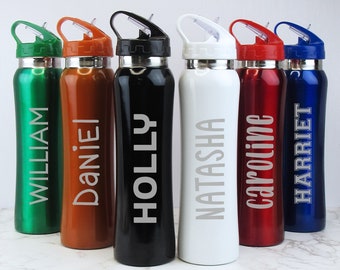 Gourde personnalisée pour enfants avec paille rabattable, cadeau de Noël Fiole de boissons pour sport scolaire en acier inoxydable de 800 ml avec poignée de transport pour filles et garçons