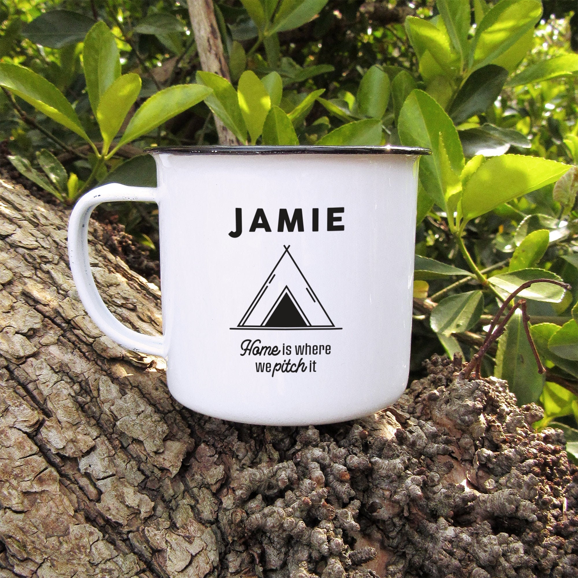 Personalised Tent Camping Mug, White Tin Enamel Coffee Tea Cup Mug, Couples Tent Adventure Gifts for Him, for Her, Happy Camping Couples