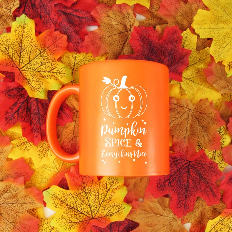 May include: An orange ceramic mug with a white pumpkin graphic and the text "Pumpkin Spice & Everything Nice." The mug is surrounded by colorful autumn leaves, creating a seasonal theme.