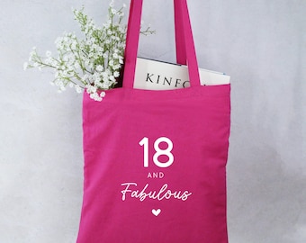Pink Tote Bag, 18 & Fabulous Milestone Birthday Cotton Shoulder Bag 18th Birthday Gift for Her, 18th Gift Bag Birthday Gift for 18 Year Old
