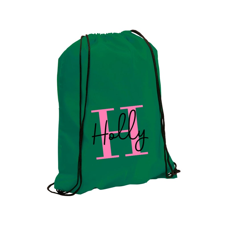 Mochila con cordón personalizada con inicial y nombre para el regreso a la escuela. Nombre de los niños en una bolsa de PE Bolsa de natación Bolsa de gimnasio Bolsa de club después de la escuela Dark Green