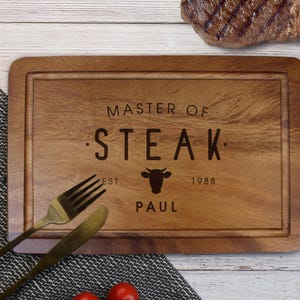Personalised Master of Steak Cutting Board, Engraved Acacia Wood BBQ Board, Gift for Dad, Grill Master Gift, Custom Chopping Board for Him