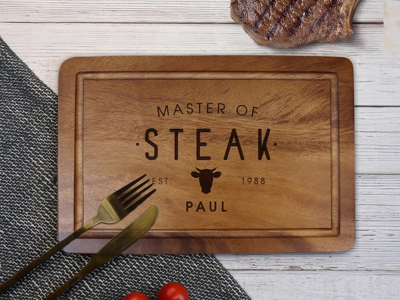 Personalised Master of Steak Cutting Board, Engraved Acacia Wood BBQ Board, Gift for Dad, Grill Master Gift, Custom Chopping Board for Him