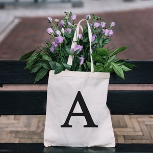 Natural Eco Tote Bag, Beige Cotton Shopper, Personalised Black Alphabet Letter Initial, Printed Shopping, University, Hen Party Bag for Her