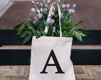 Natural Eco Tote Bag, Beige Cotton Shopper, Personalised Black Alphabet Letter Initial, Printed Shopping, University, Hen Party Bag for Her