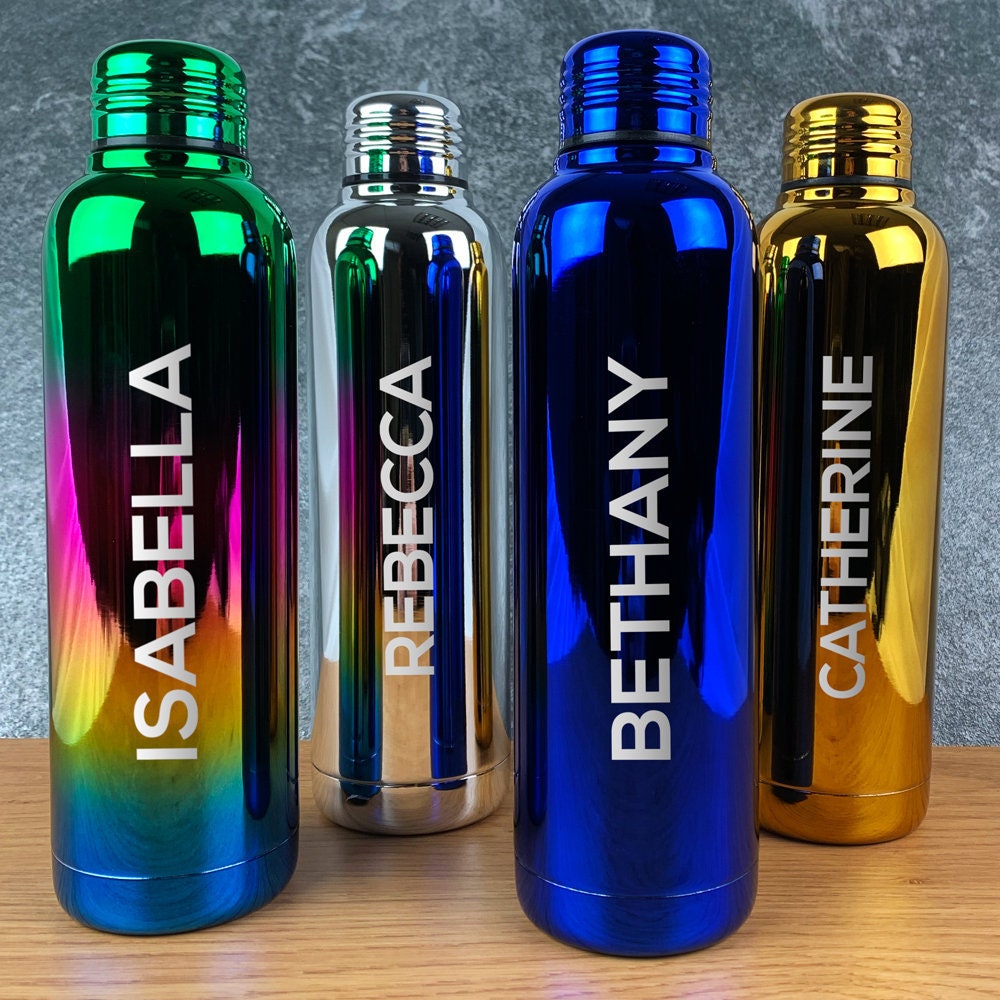 Black Gloss ANY NAME PERSONALISED Metal Water Bottle Flask INSULATED White Black Gloss ANY NAME PERSONALISED Metal Water Bottle Flask INSULATED White